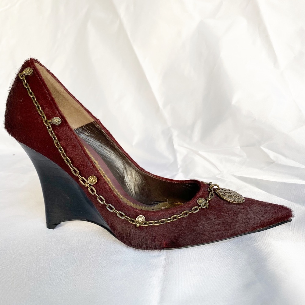 R & R Burgundy Pony Hair Wedges with gold accent